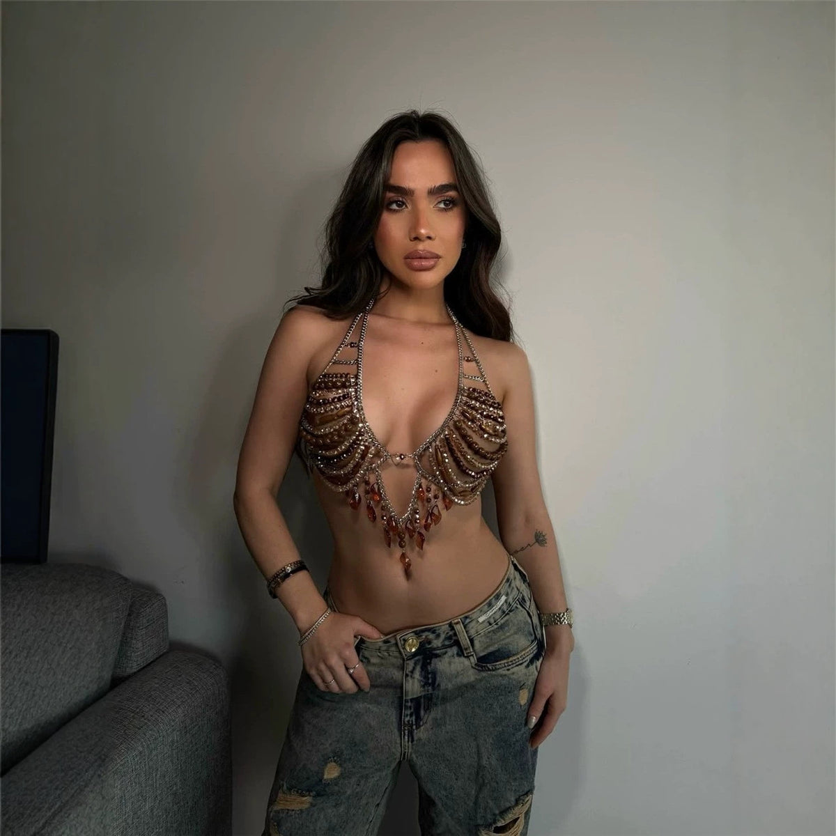 Women Handmade Beaded Chest Necklace Halter Body Cha Top Sold Jewelry Vest Hadid