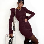 Vestido sexy de discoteca para mujer, jersey de cuello redondo, mangas largas, plisado, ajustado a la cadera