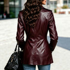 Double Breasted Faux Leather Coat Fashionable Elegant Collared Long Sleeve Faux Leather Pocket Jacket Venly