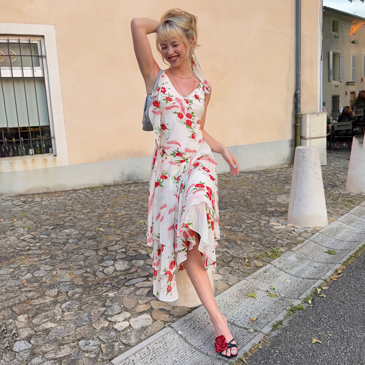 French Elegant Romantic Floral Print Lace up Dress Summer Vacation Irregular Asymmetric Ruffled Dress LingSharp
