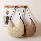 Sac à bandoulière asymétrique irrégulier en paille, niche, couleur unie, tissé, pour vacances, plage, pour femmes 