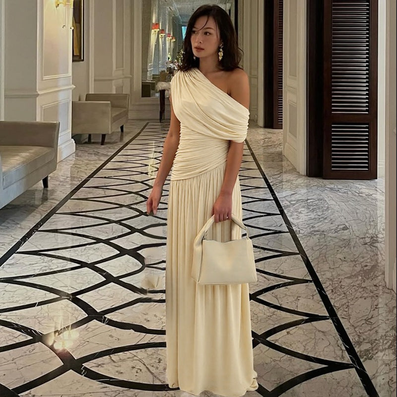 Women Clothing Spring Arrival Fashionable Sexy Diagonal Collar Pleated Asymmetrical Solid Color Dress BULLINGER