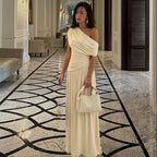 Women Clothing Spring Arrival Fashionable Sexy Diagonal Collar Pleated Asymmetrical Solid Color Dress BULLINGER