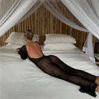 Summer See through Sexy Vacation Blouse Bare Back Solid Color Long Sleeve Knitted Dress Women Clothing MINODI