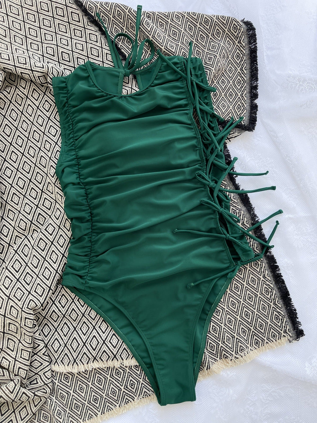 Drawstring Lace-up Sexy Bikini Solid Color Pleated Swimsuit Crisscross Twingo