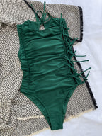 Drawstring Lace-up Sexy Bikini Solid Color Pleated Swimsuit Crisscross Twingo