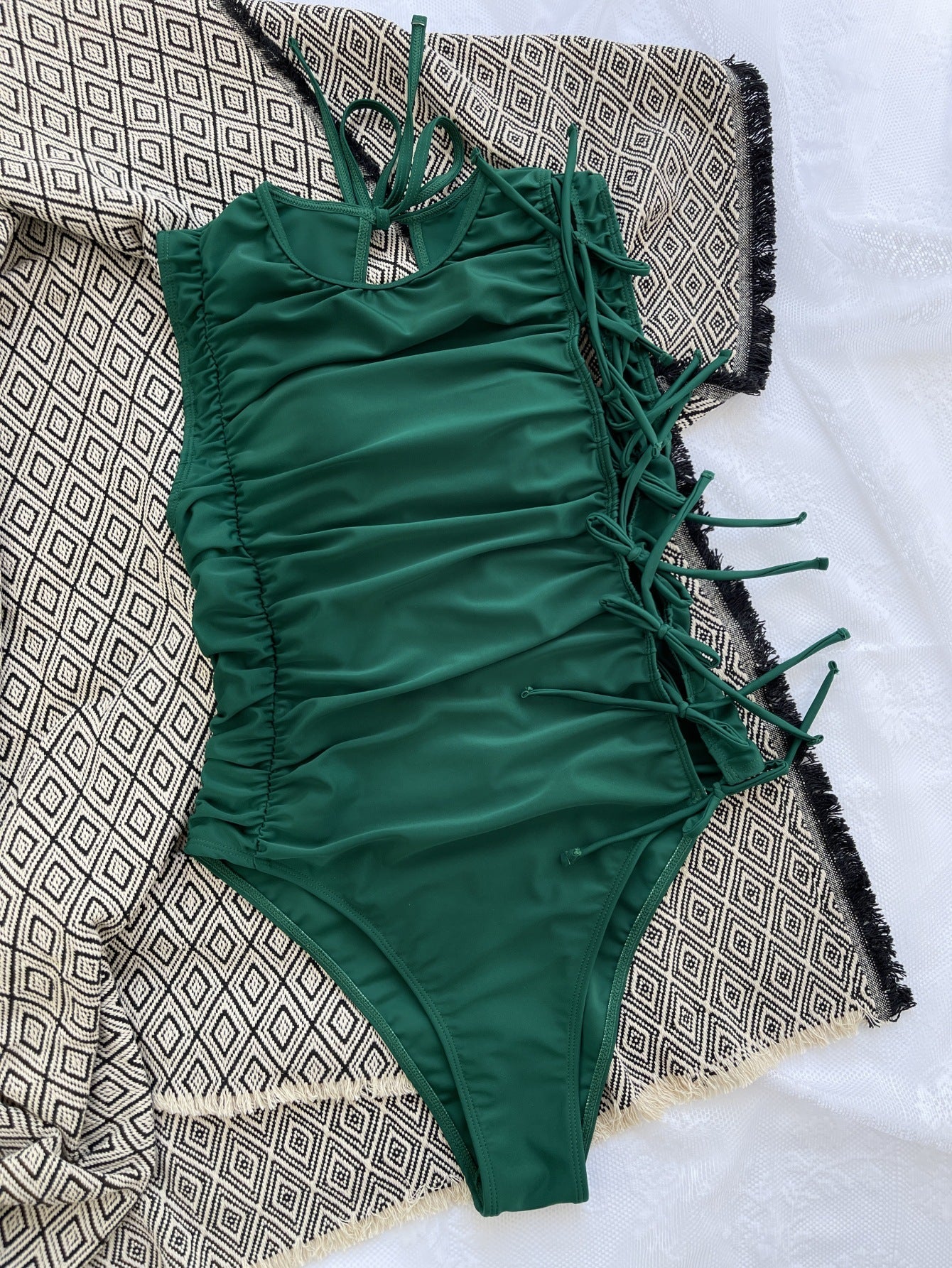 Drawstring Lace-up Sexy Bikini Solid Color Pleated Swimsuit Crisscross Twingo