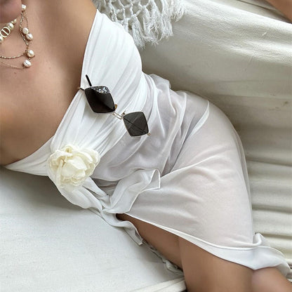 Summer Sexy off Shoulder Scarf Bow Tube Top See through Irregular Asymmetric Dress