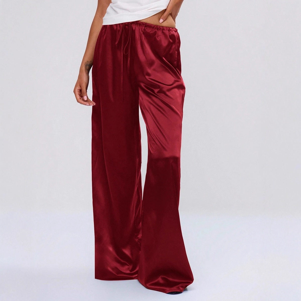Ropa de mujer, moda de otoño, pantalones casuales de satén, pantalones largos holgados de pierna ancha con cordón