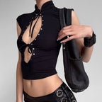 Summer Sexy Women Clothing Stand Collar Chest Hollow Out Cutout out Strap Sexy Solid Color Sleeveless Top Short LaceCH