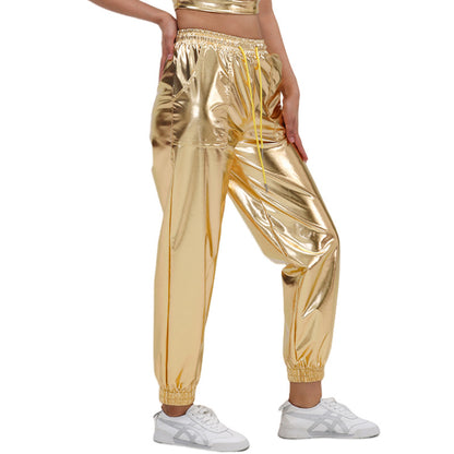 Pantalones de mujer Street Trend, pantalones bronceados con banda en el tobillo, pantalones deportivos de cuero brillante, ropa holgada de alto rendimiento
