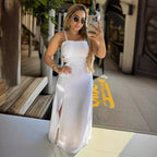 Vestido sin espalda con tirantes y abertura en la cadera sin mangas de color sólido para mujer