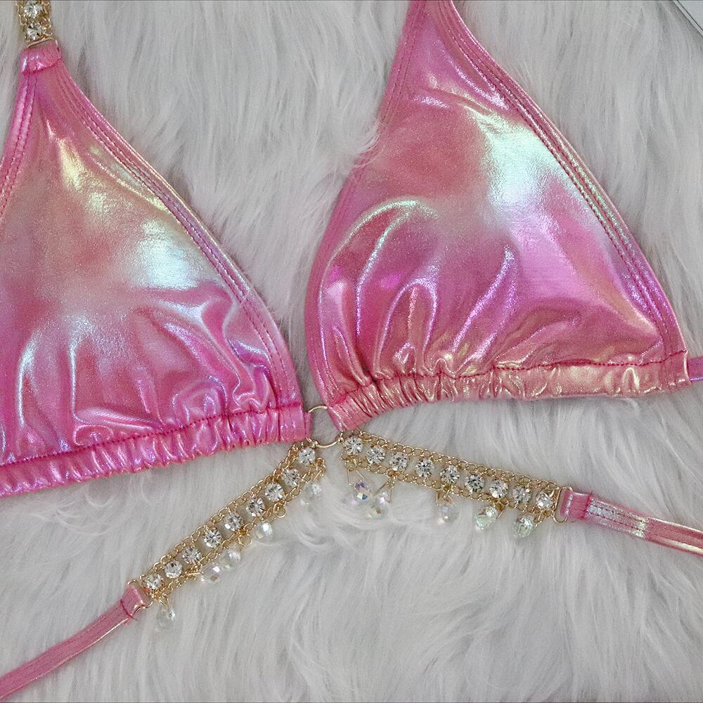 Bikini de diamantes de cristal con tirantes bronceados sexy para mujer, traje de baño dividido