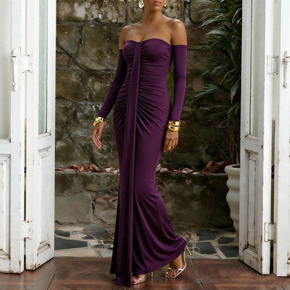 Women Clothing Autumn Wrapped Chest Pleated Slim Independent Sleeve Length Dress Bailess