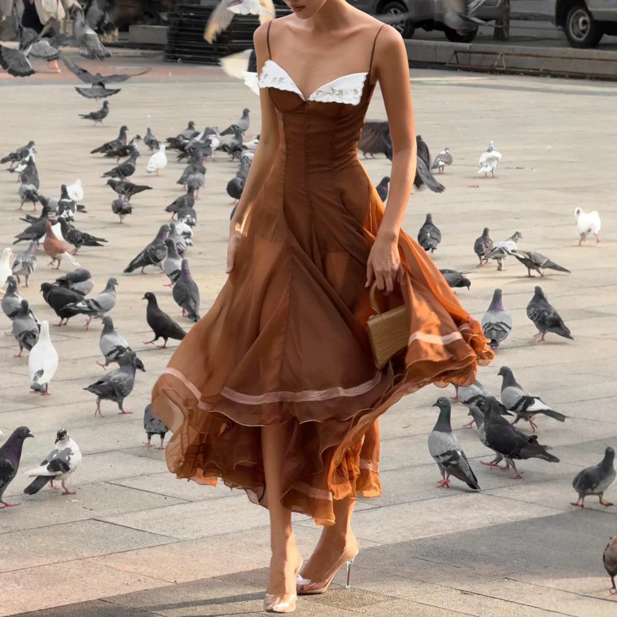 Contrast Color Lace Sling Dress Maillard Waist Controlled Large Hem Elegant Atmosphere Long Formal Dress Sight