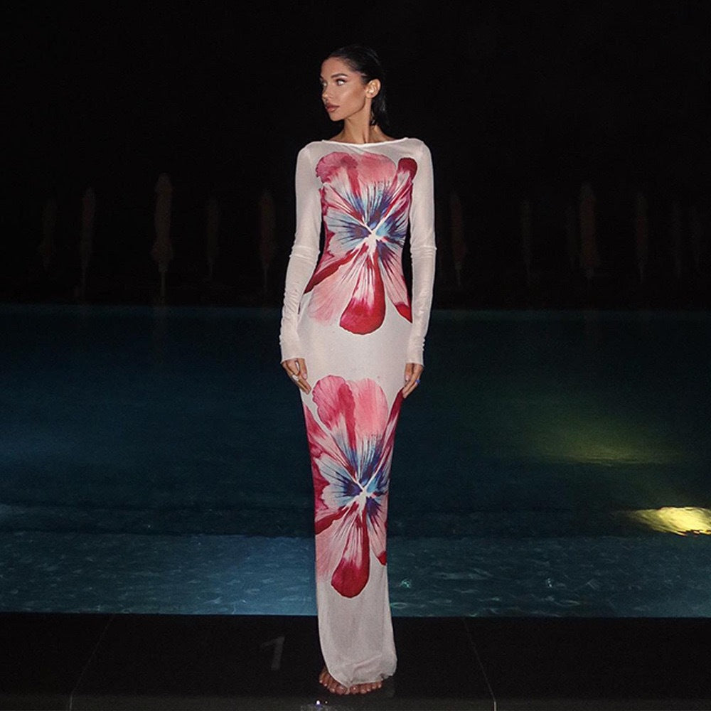 Summer Sexy Voile Printing Sheer Long Sleeve Slim Fit Dress Women Bailess