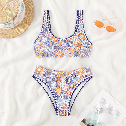 Bikini Sexy Bikini High Waist Print Crocheted Split Swimsuit Women Swimsuit
