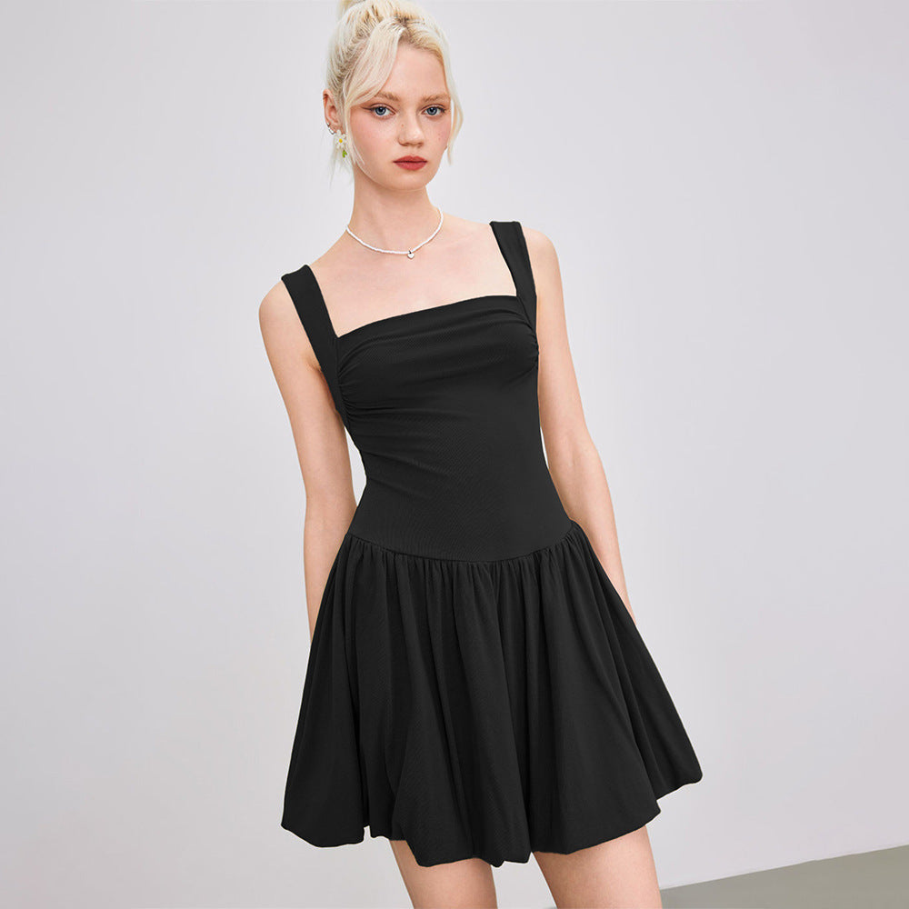 French Hepburn Design Wide Shoulder Strap Vest Dress Summer Slim Fit Yiskiss