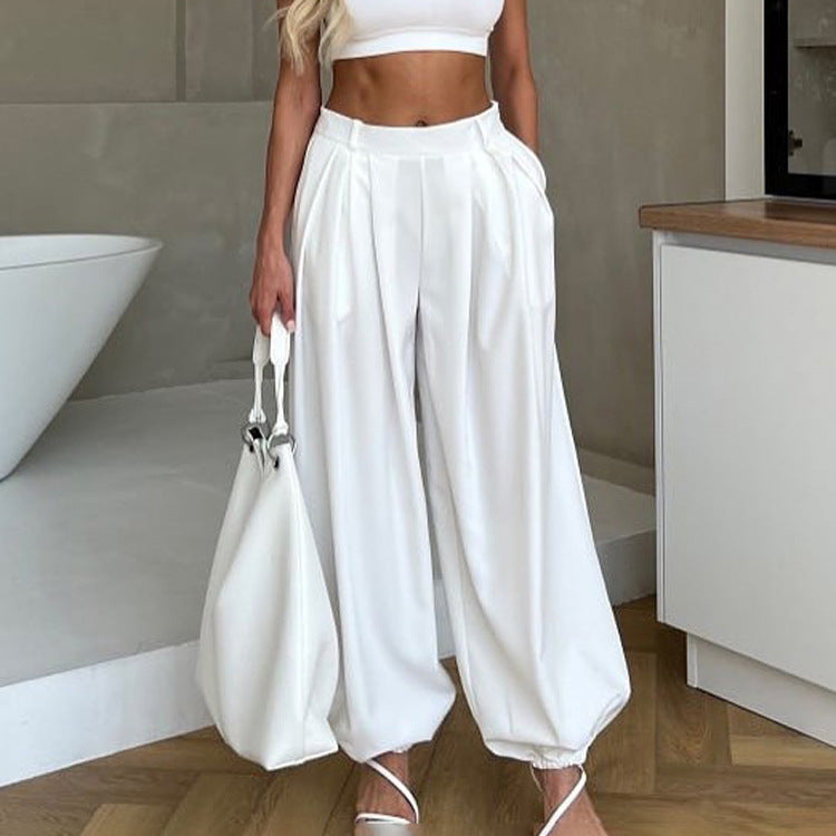 Women Clothing Simple All Match Loose Fit Tappered Trousers Pleated High Waist White Casual Pants Kigali