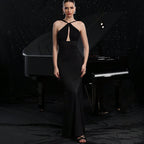 Summer Sexy Elegant Halter Sexy Maxi Dress Elegant Pearl Stitching Split Dress TAJA