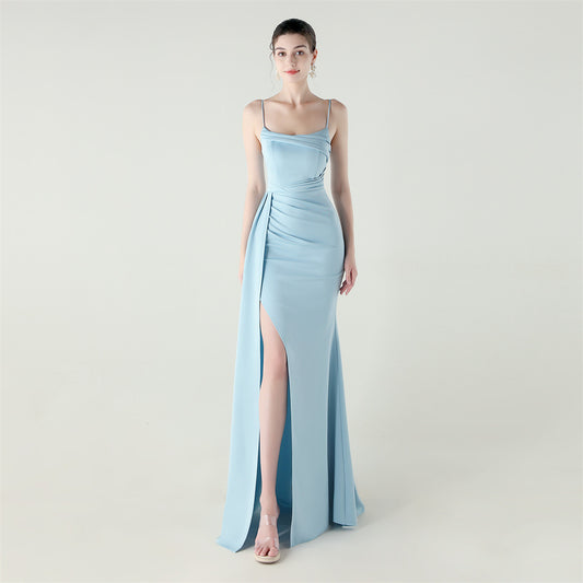 Camisole Tube Top Satin Pleated Fishtail High Slit Evening Dress Elegant Slim Dress for Dinner Ceremony