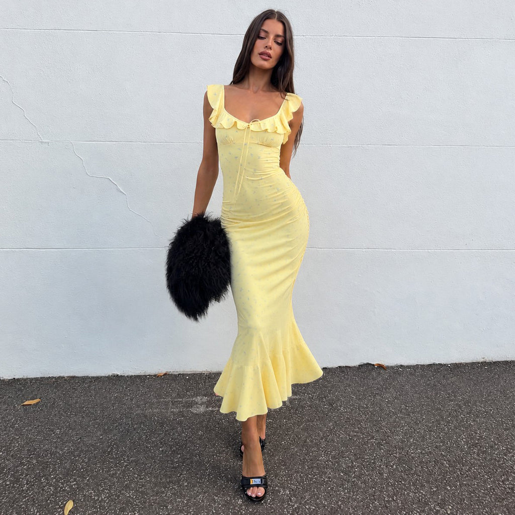 Summer Vacation Ruffled Tied Floral Dress Sexy Slit Slim Fit Fishtail Dress Women LingSharp
