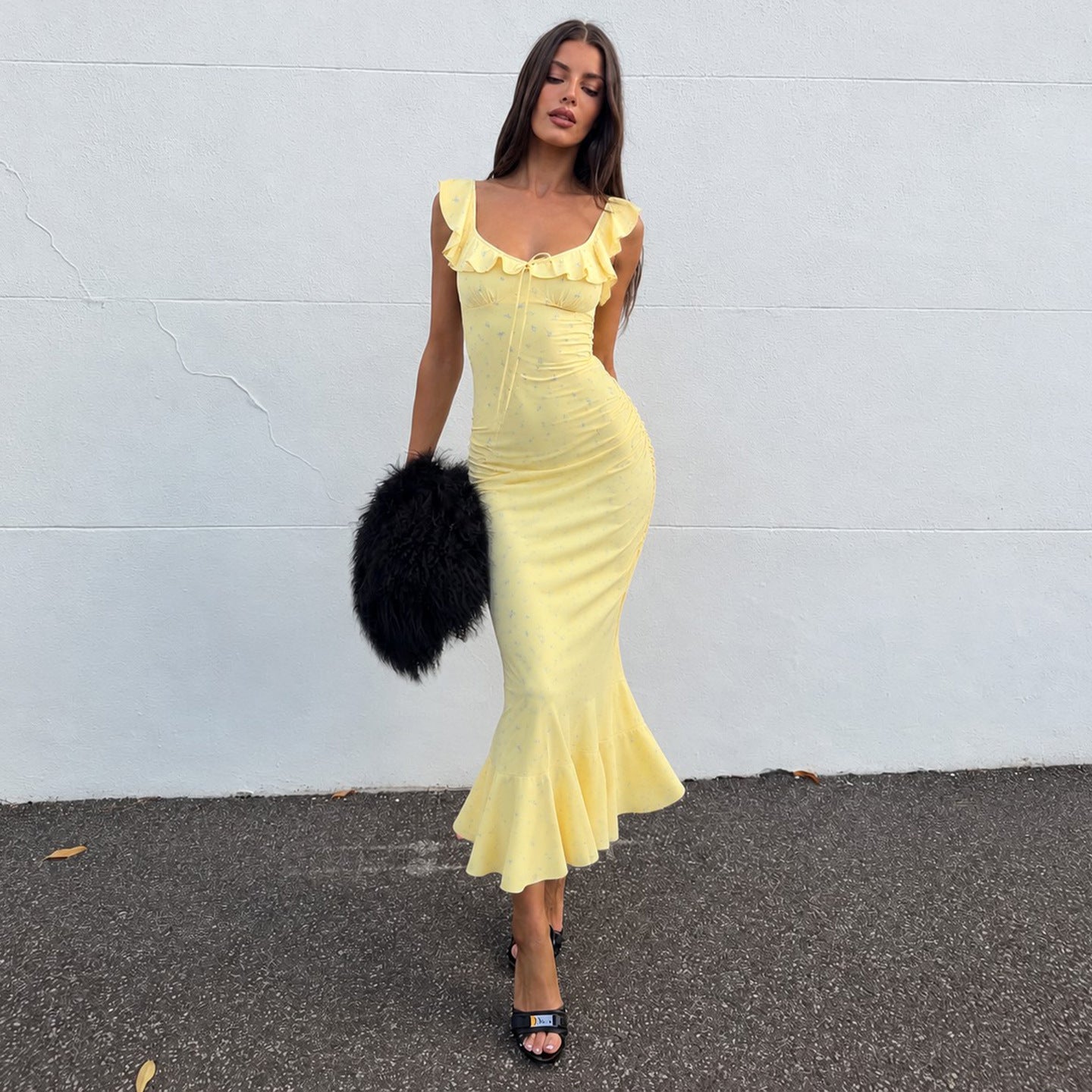 Summer Vacation Ruffled Tied Floral Dress Sexy Slit Slim Fit Fishtail Dress Women LingSharp