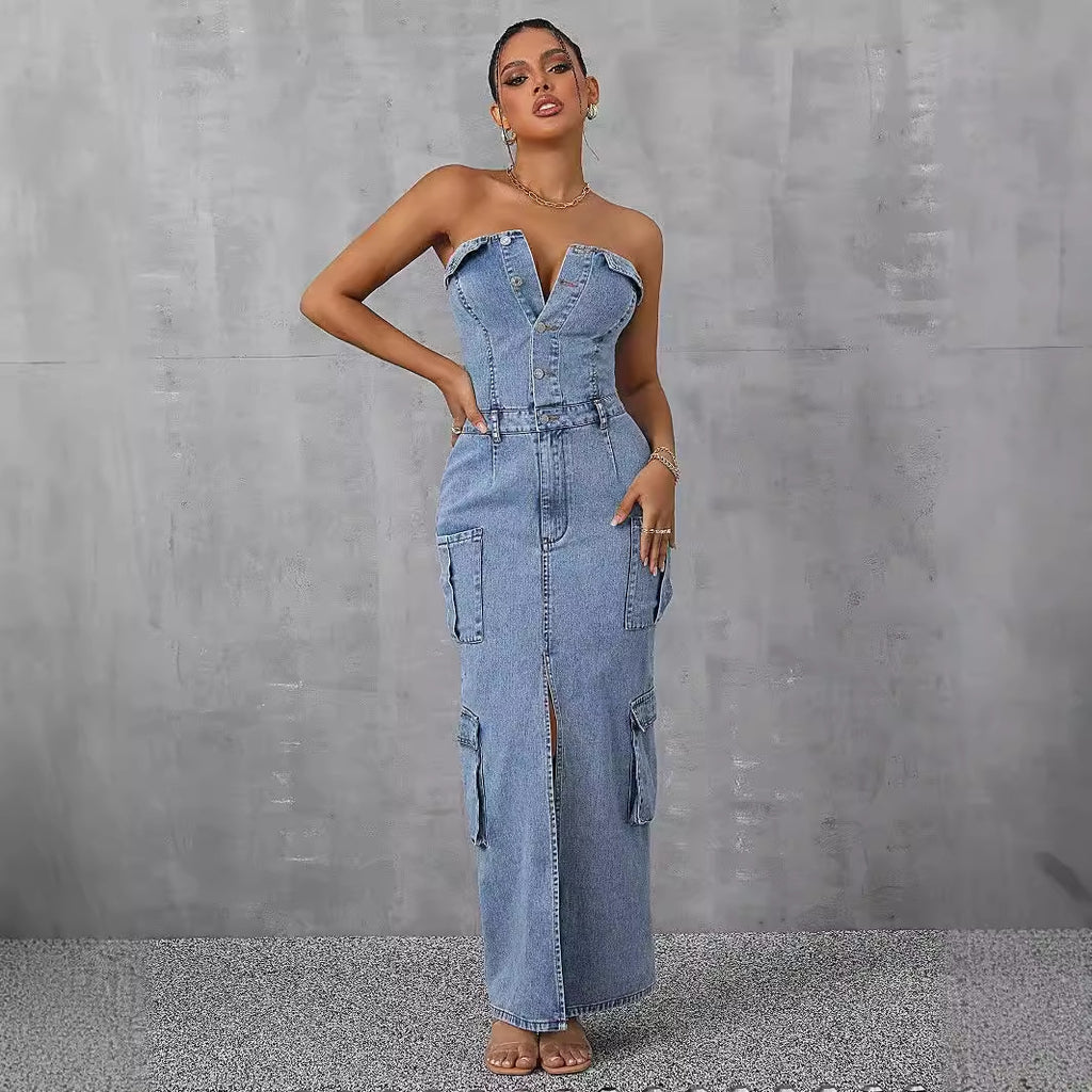 Women Clothing Casual Tube Top Tooling Large Pocket Denim Dress FentyWild