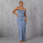 Women Clothing Casual Tube Top Tooling Large Pocket Denim Dress FentyWild