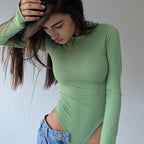 Haut siamois sexy à manches longues et col rond pour femme, couleur unie, slim et sexy