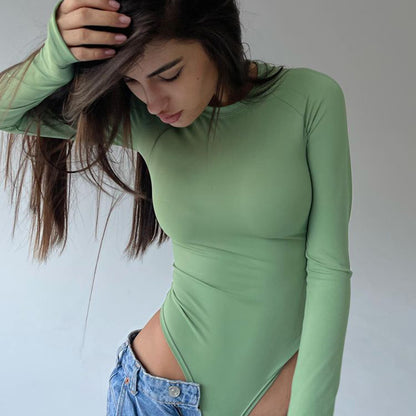 Spring Round Neck Long Sleeve Bottoming Skinny Solid Color Sexy Siamese Top Women