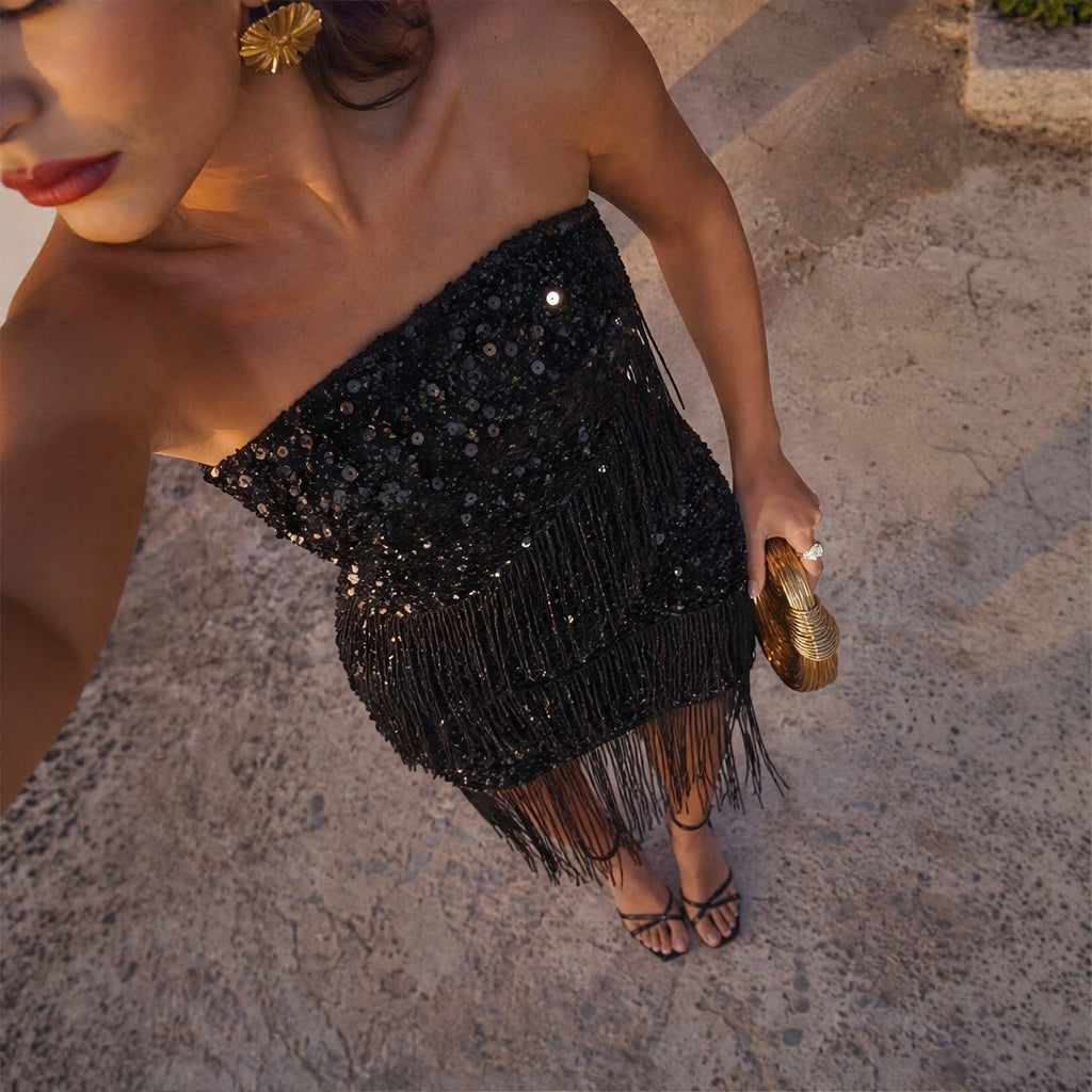 Sequined Tassel Tube Top Dress Women Summer Sexy Slim Hip Short Dress Dio