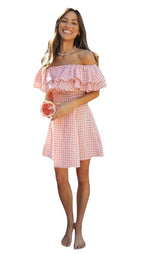 Women Clothing New Plaid off-Shoulder Ruffled Collar Show Fashion Dress VIVIAN
