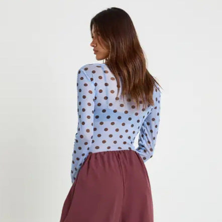 Simple Dot Mesh See through Niche Slim Fit Long Sleeve round Neck Top Bottoming Shirt Women Clothing Splendor