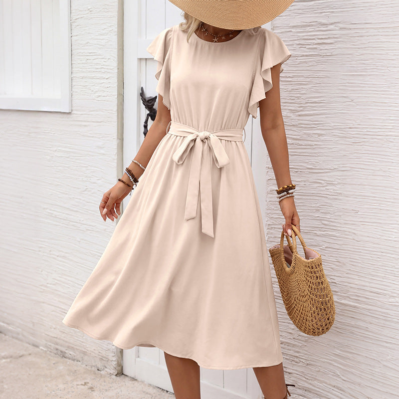 Simple Vacation Solid Color Flying Sleeves round Neck Tied Dress HUNDRED