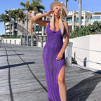 Women Sling Backless Knitted Dress Beach Seaside V neck Sexy Tight Split Spring Summer Dress Forkaz
