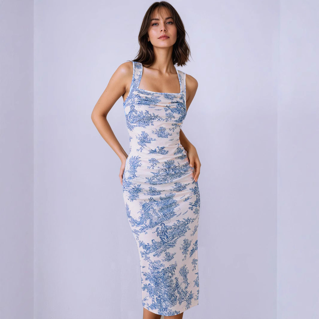 Summer Fresh Maxi Dress Square Collar Slimming Side Slit Sling Dress George