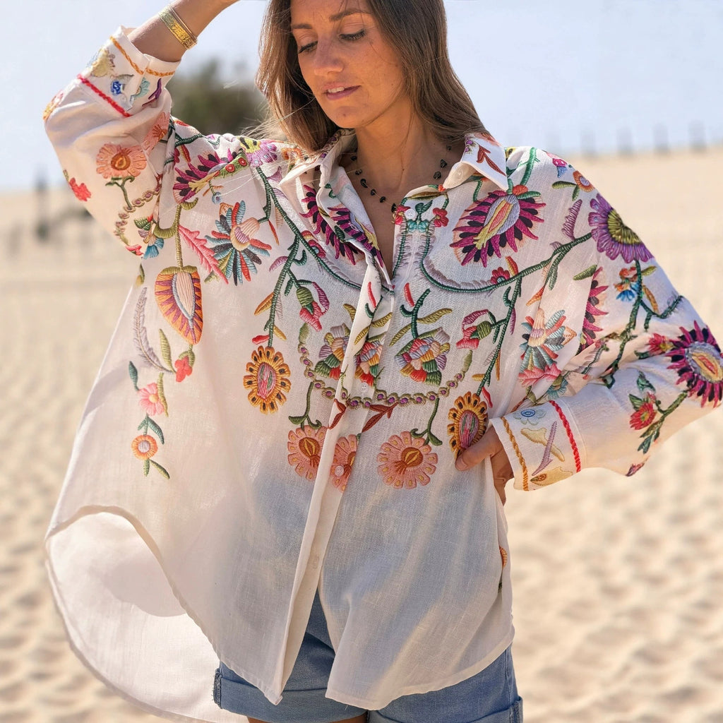 Spring Summer Linen Positioning Printed Long Sleeved Shirt Loose Vacation Women Top Oyrina