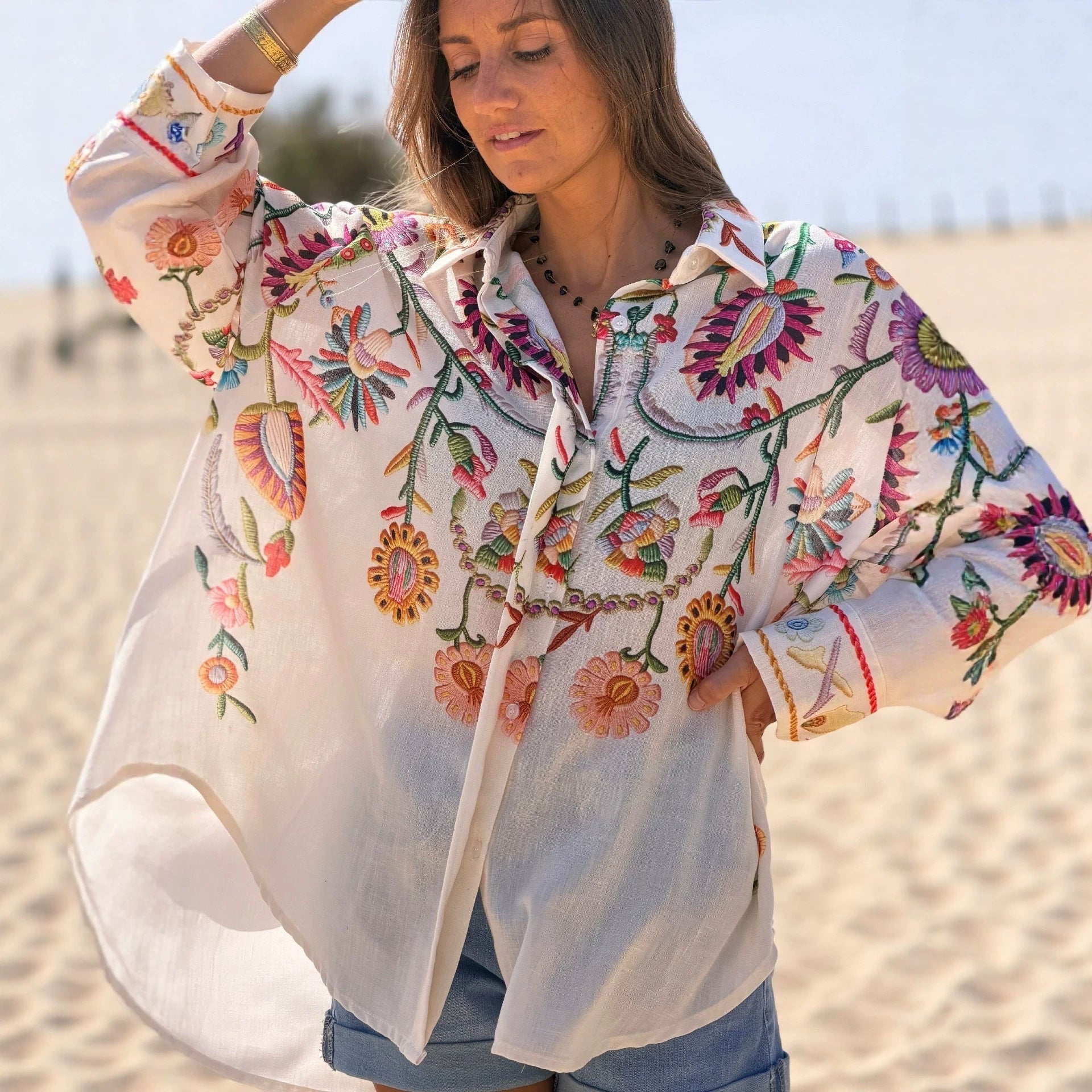 Spring Summer Linen Positioning Printed Long Sleeved Shirt Loose Vacation Women Top Oyrina