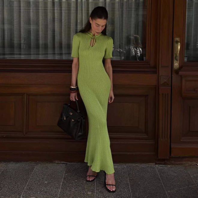 Summer Women Candy Color Slim Fit Dress Women Summer round Neck Short Sleeves Knitted Long Sweater Dress Havana