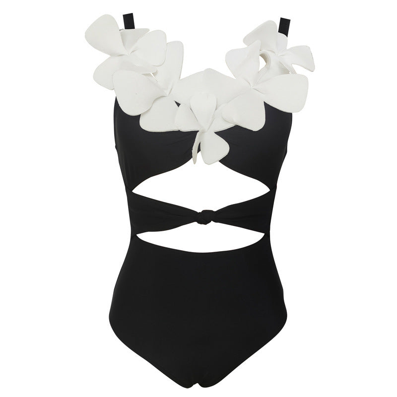 Maillot de bain une pièce pour femme, couleur unie, coupe slim, motif floral tridimensionnel, amincissant