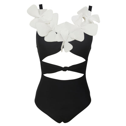 Maillot de bain une pièce pour femme, couleur unie, coupe slim, motif floral tridimensionnel, amincissant