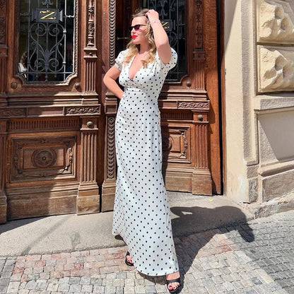 V neck Waist-Controlled Lace up Puff Sleeve Polka Dot Elegant Sexy Slim Dress Maxi Dress