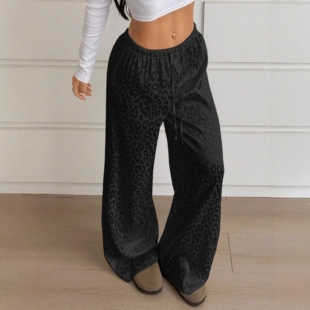 Women Clothing Autumn Satin Casual Pants Drawstring Leopard Print Mop Wide Leg Pants Long Pants