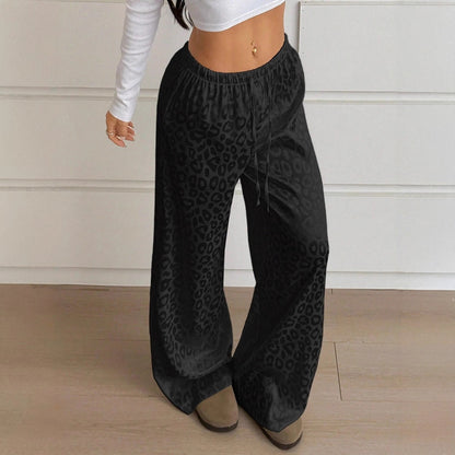 Women Clothing Autumn Satin Casual Pants Drawstring Leopard Print Mop Wide Leg Pants Long Pants
