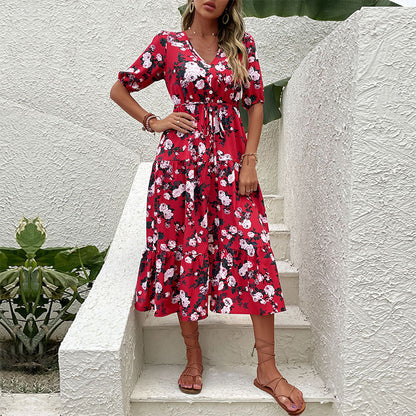 Summer Women Wear Printed V neck Split Dress for Women
