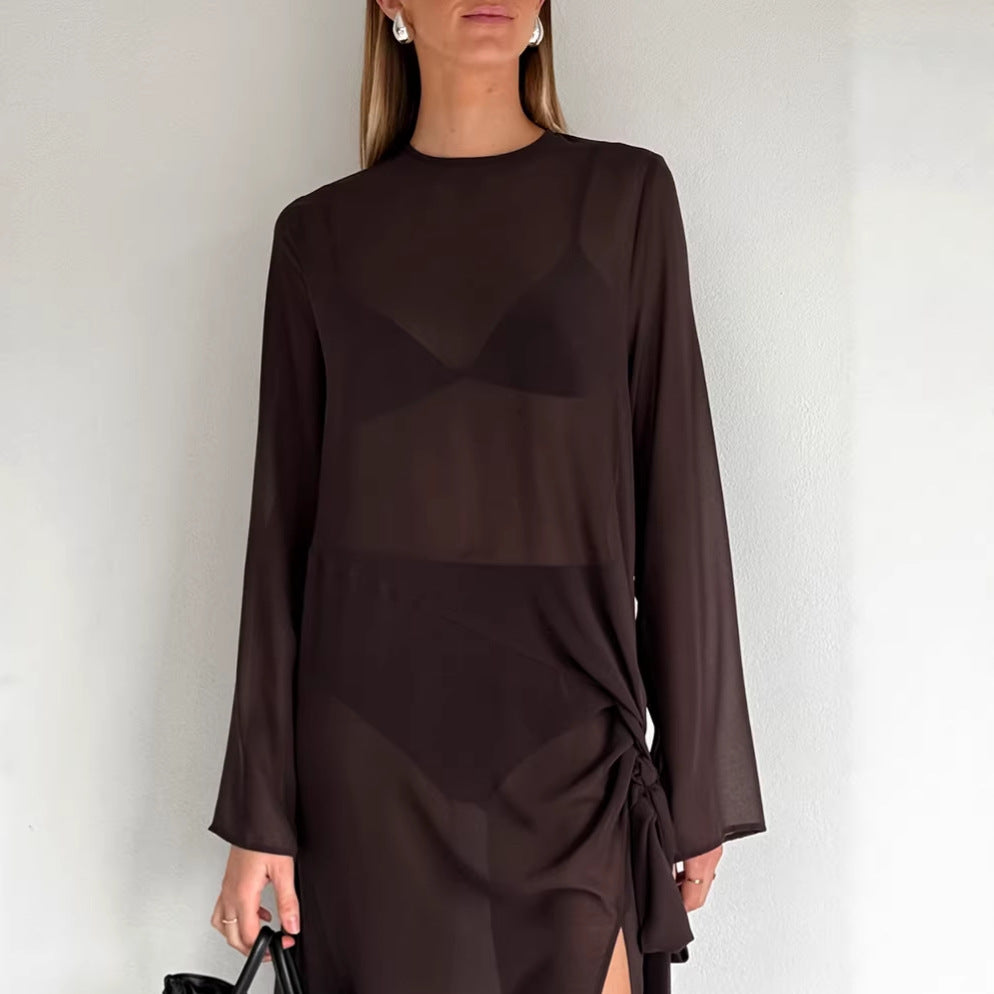 Spring Summer Arrival Mesh See through round Neck Long Sleeve Lace up Bow Split Dress Women FOREVEREIGHTEEN
