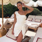 Sexy Cream White Wave Hollow Out Cutout Single Shoulder One Piece Swimming Women Two Piece Spring Holiday Slim Looking Swimwear ShineRealm