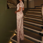 Women Printed Stand Collar Short Sleeve Sheath Dress Hollow Out Cutout High Waist Elegant Dress Kigali