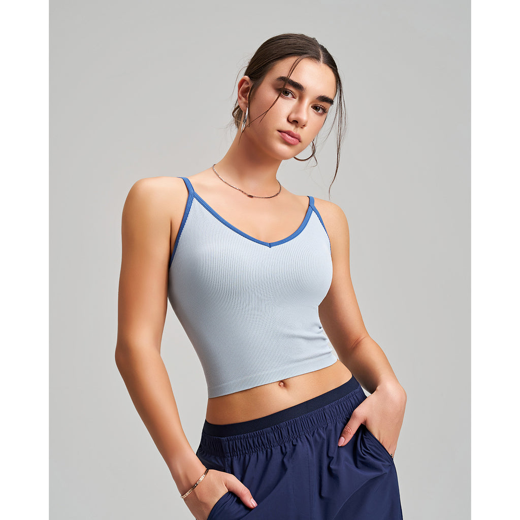 Contrast Color V neck Sling Fixed Chest Pad Inner Contrast Color Shoulder Strap Can Be Worn outside Sports Vest Pilates Yoga Beauty Back(Runs Small) Ruiesf